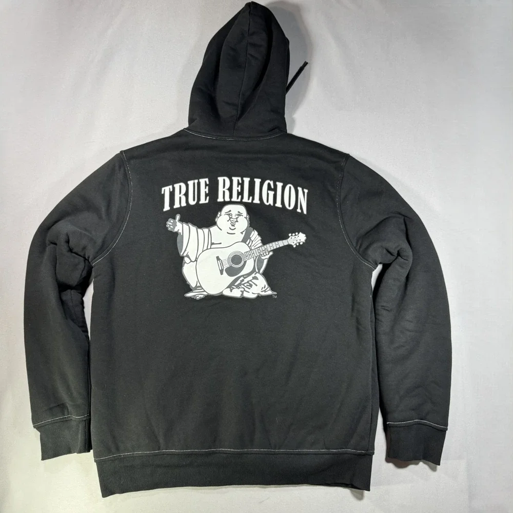 True Religion Mens Black Sherpa Lined Full Zip Hoodie Buddha Guitar Large L